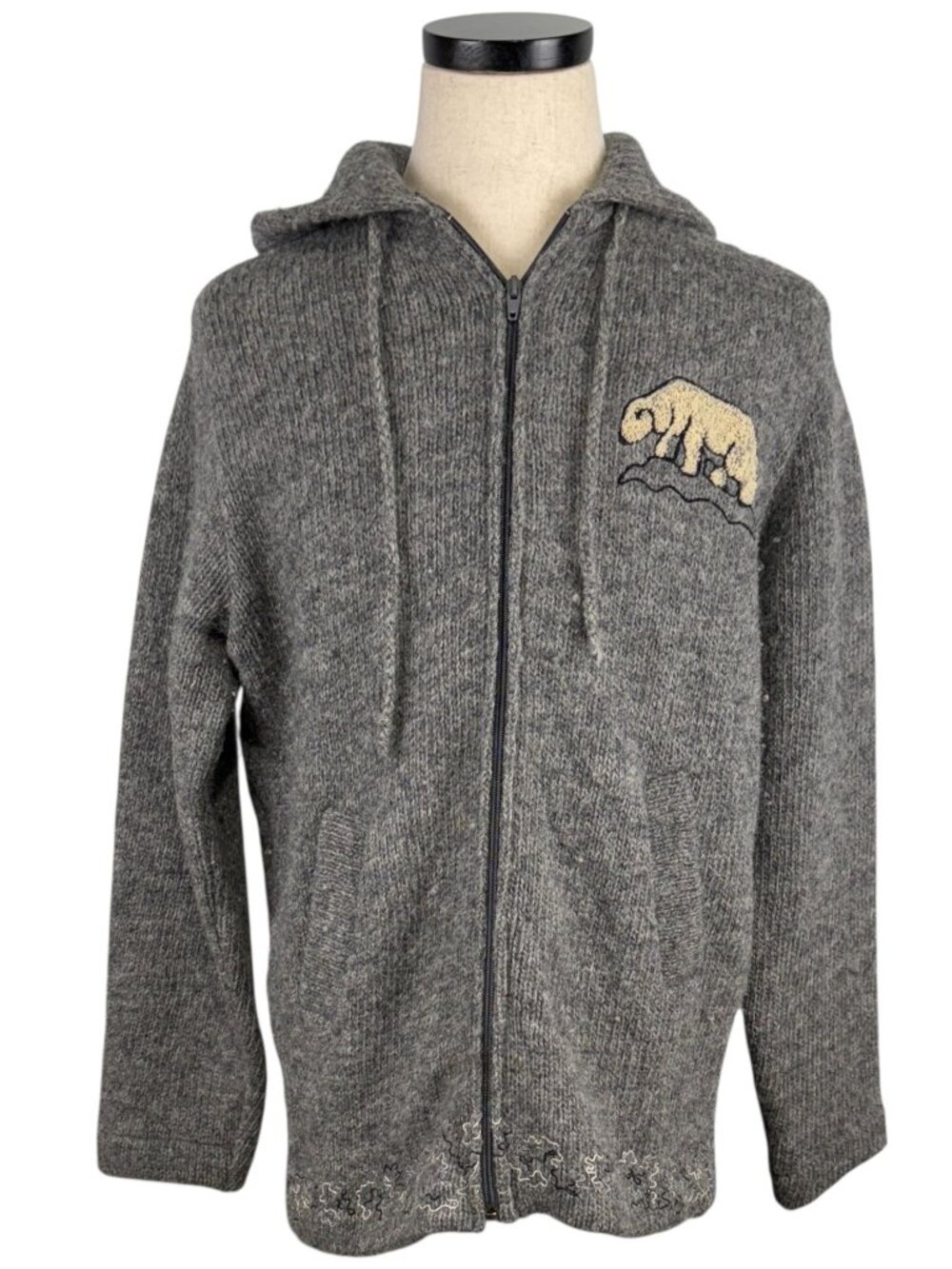 Caldwell 60's Hand Fashioned Gray Wool Hooded Zip-Up Cardigan With Polar Bear L
